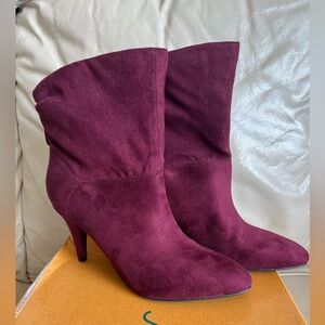 Unisa Burgundy Suede Pointed-Toe Mid-Heel Boots